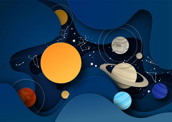 Nocne gwiaździste niebo z planetami Układu Słonecznego, konstelacjami zodiaku, ilustracją ciętego papieru wektorowego. Astrologia, astronomia. — Wektor stockowy