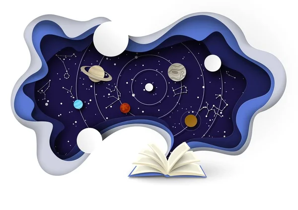 Livre ouvert avec ciel, planètes, constellations zodiacales, illustration vectorielle découpée sur papier. Astrologie, prévisions horoscopiques. — Image vectorielle