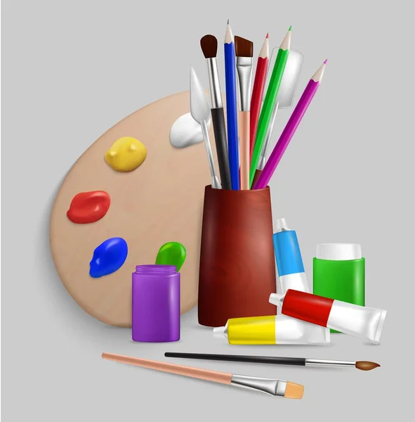 现实的艺术家调色板，画笔，油漆管，罐子，刀，铅笔，矢量插图。艺术工具、用品 — 图库矢量图片