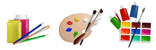 Conjunto de pinturas de arte, herramientas de artista y accesorios. Acrílico, óleo, acuarela, pinturas gouache y suministros de arte, vector. — Archivo Imágenes Vectoriales