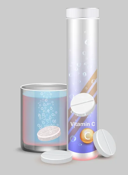 Maqueta de tubo vitamínico de plástico, vaso de agua con píldora gaseosa, ilustración vectorial. Comprimidos solubles efervescentes. — Vector de stock