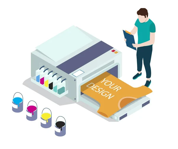 Custom t-shirt and apparel printing, vector isometric illustration. Custom merchandise. Print shop service. — Stockvector