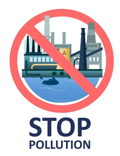 Stop environment pollution. Factory dumps dirty water, used chemicals, sewage. Industrial wastewater treatment, vector. — Stok Vektör