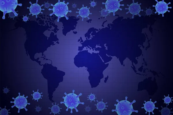 COVID-19パンデミック。世界地図、輝くコロナウイルス細胞、ベクターイラスト。コロナウイルス病の世界的な流行. — ストックベクタ