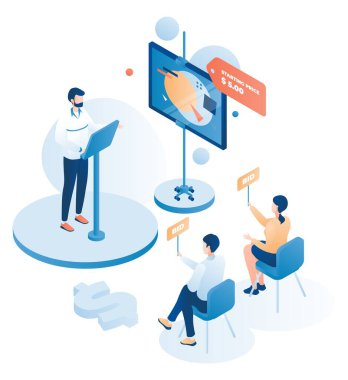 Müzayedecinin başlangıç fiyatını söylediği açık artırma sahnesi, alıcılar teklifler yapıyor, düz vektör izometrik illüstrasyon.