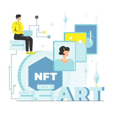 Dijital sanatçı kripto sanatı yaratıyor ve nft simgeleri satıyor, vektör illüstrasyonu. Sanat eseri. İade edilemeyen sembol.