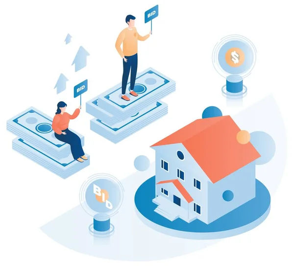 Subasta inmobiliaria, ilustración isométrica vectorial plana. Casa en el podio, gente con paletas. Subasta y licitación. — Archivo Imágenes Vectoriales