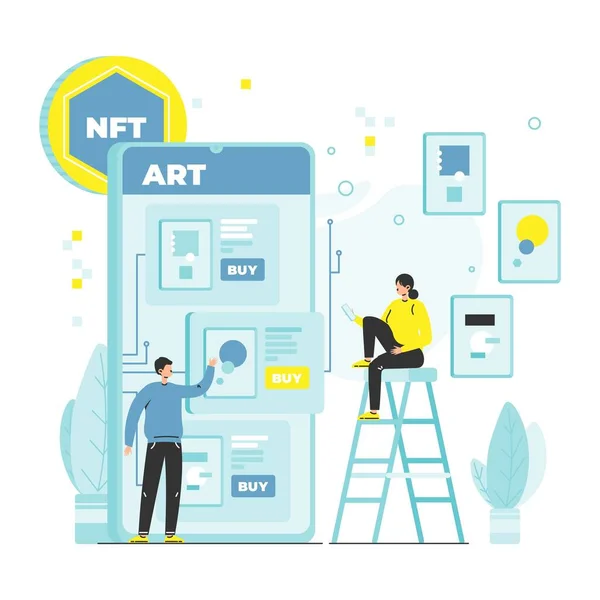 NFT 아티스트는 온라인 구매자에게 디지털 아트를 판매 한다 벡터 일러스트. 아트크 립 토. NFT 블록체인 기술. — 스톡 벡터
