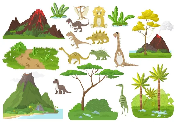 Carino Giurassico dino serie di personaggi dei cartoni animati, natura preistorica, vulcani, vettoriale isolato illustrazione. Era dei dinosauri. — Vettoriale Stock