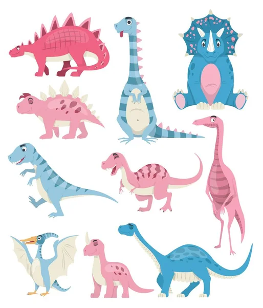 恐竜の漫画のキャラクターセット、ベクトル分離イラスト。かわいいピンクと青｜先史時代の動物、おもちゃのコレクション — ストックベクタ
