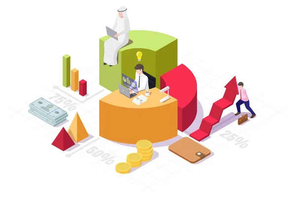 Zakenmensen werken aan computers die op een cirkeldiagram zitten, vectorisometrische illustratie. Gegevensanalyse en statistieken. — Stockvector