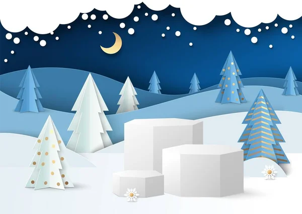 Display podium mockup set, paper cut winter night forest background. Gift, cosmetic product, sales promotion, vector. — Stock Vector