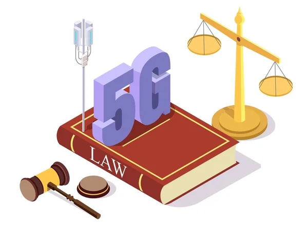 Regulación 5G e ilustración del concepto de vector de la ley. Isométrico 5G signo en el libro de leyes, escalas de la justicia, martillo juez. — Archivo Imágenes Vectoriales