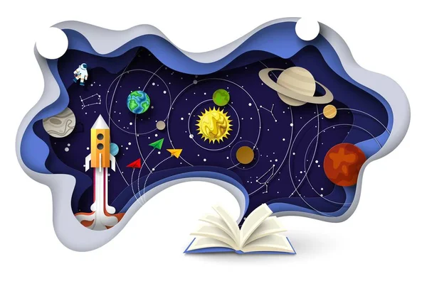 Otevřená kniha s oblohou, planetami, zvěrokruhovými konstelacemi, kosmonauty, raketami, ukázkami vektorového papíru. Astronomie vědy. — Stockový vektor