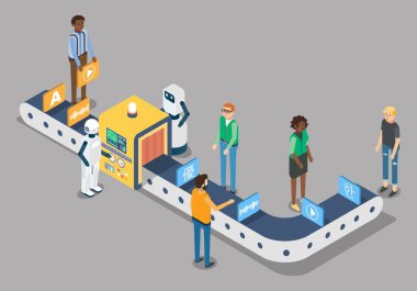 Bir yabancı dilden diğerine Ai makinesinin çeviri süreci, vektör izometrik illüstrasyon. Çevrimiçi çevirmen.