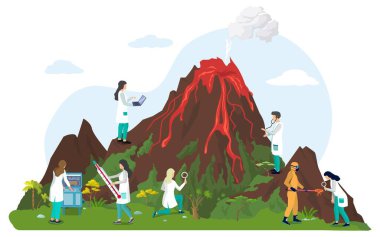 Scientists volcanologists studying volcano and volcanic activity or eruption, vector illustration. Volcanology. clipart