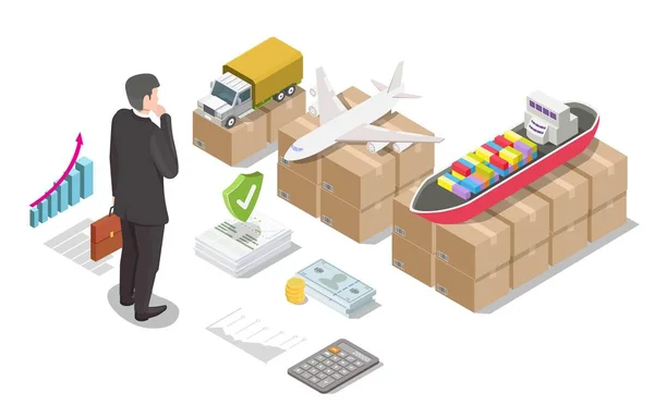 Empresário escolhendo transporte de carga e empresa de logística. Mar, ar, transporte rodoviário de mercadorias, ilustração isométrica vetorial — Vetor de Stock