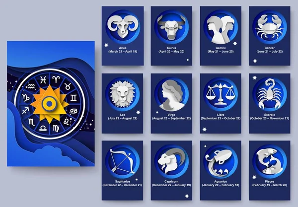 Ruota zodiacale, dodici segni oroscopo, illustrazione tagliata carta vettoriale. Previsioni astrologiche. Modello poster astrologia — Vettoriale Stock