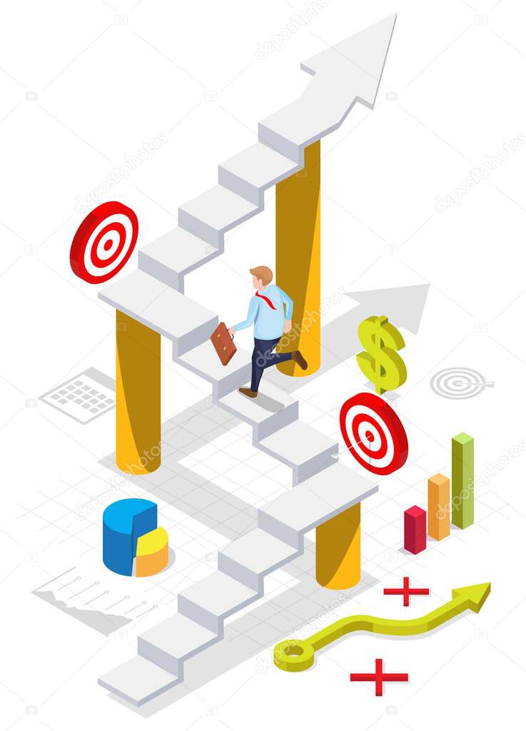 Businessman climbing up stairs to business target, vector isometric illustration. Steps to goal, path to success, career