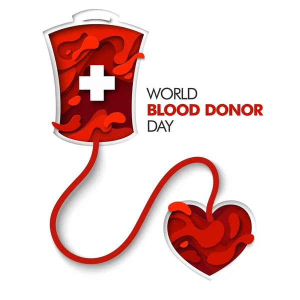 Día Mundial del Donante de Sangre plantilla de póster vector. Papel cortado bolsa de sangre roja conectada al corazón. Donación de sangre. — Vector de stock