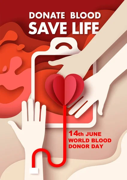 June 14, World Blood Donor Day vector poster template. Paper cut donor hand giving blood saving life and receiving heart — Stock Vector