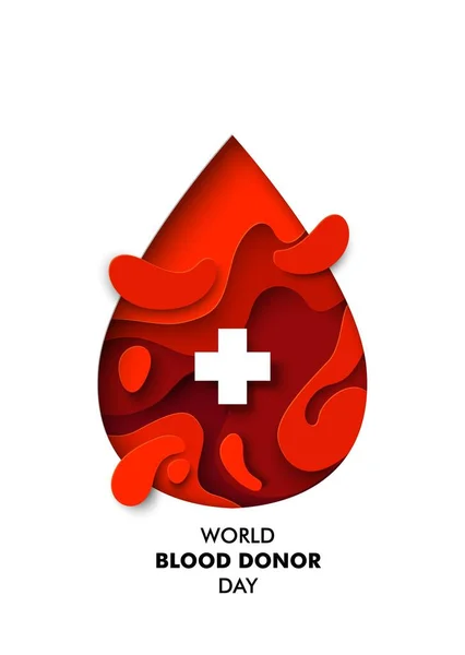 Шаблон векторного плаката Всемирного дня донора крови. Бумага разрезала красную каплю крови медицинским крестом и текстом. — стоковый вектор