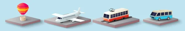 Conjunto de iconos isométricos de transporte, ilustración aislada vectorial. Globo de aire caliente de corte de papel, avión, autobús y tranvía. — Vector de stock