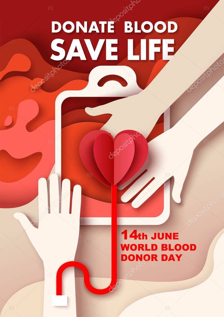June 14, World Blood Donor Day vector poster template. Paper cut donor hand giving blood saving life and receiving heart