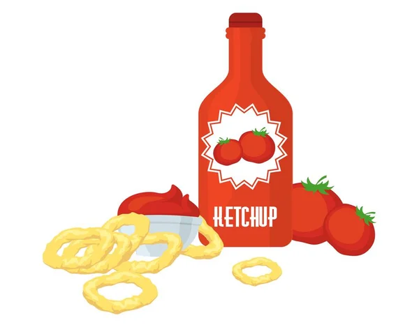 Butelka ketchupu pomidorowego ze świeżymi czerwonymi pomidorami, ilustracja wektora. Sos pomidorowy. — Wektor stockowy