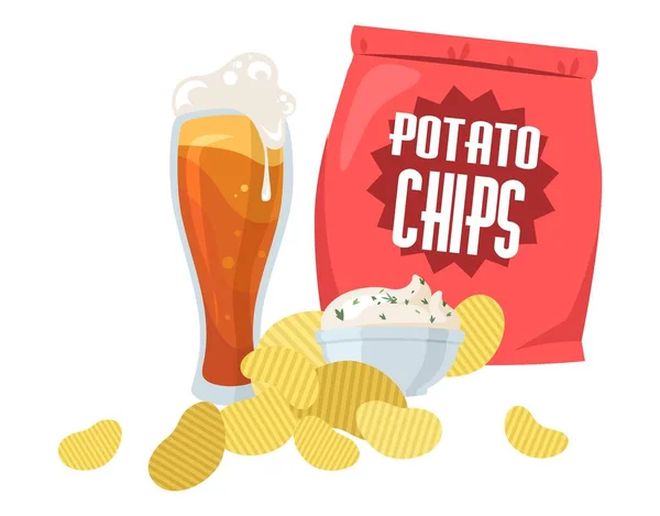 Tasse à bière et chips croustillantes, illustration vectorielle. Bière légère avec croustilles, tranches de pommes de terre frites salées. Snack food. — Image vectorielle