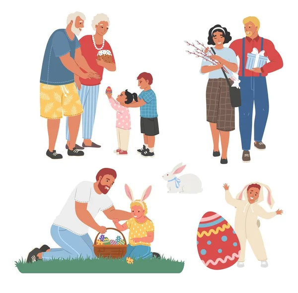 Scena di celebrazione della Pasqua in famiglia, illustrazione vettoriale. Vacanze primaverili con coniglietto, uova decorate, torta, cesto — Vettoriale Stock