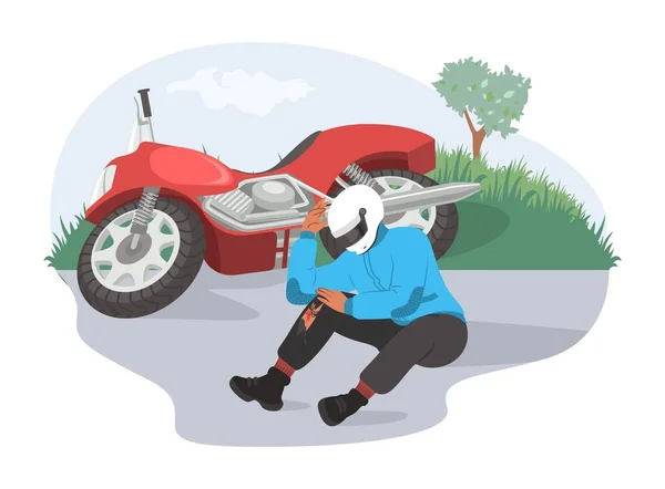 Accidente de motocicleta, ilustración vectorial plana. Motociclista lesionado sentado en la carretera junto a su motocicleta dañada. — Vector de stock