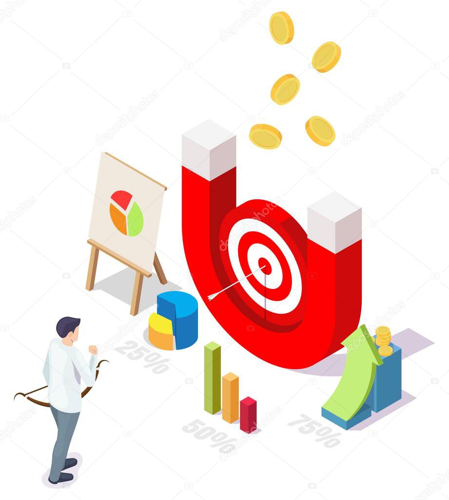 Businessman goal achievements, financial growth, vector isometric illustration. Horseshoe magnet target attracting money
