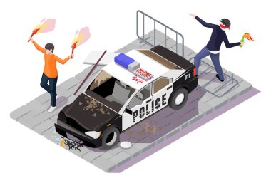 Polise karşı eylem, vektör izometrik illüstrasyon. Şiddetli halk kargaşası, sokak isyanı.