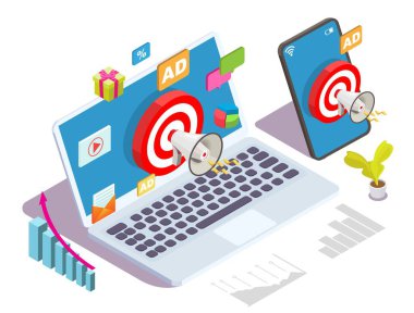 Adreslenebilir reklamlar, hedeflenmiş promosyon, vektör izometrik illüstrasyon. CPC, PPC reklamları, online reklam teknolojisi.