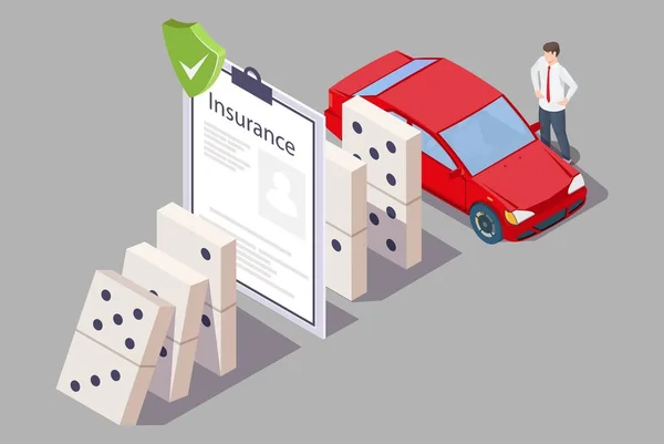 Seguro de automóvil deteniendo efecto dominó, ilustración isométrica vectorial. Seguridad y protección de automóviles. — Archivo Imágenes Vectoriales