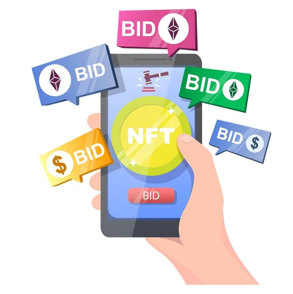 NFT krypto konst auktion, vektor illustration. Icke fungibel token. Digital konstmarknad. Mobilbudgivning online. — Stock vektor