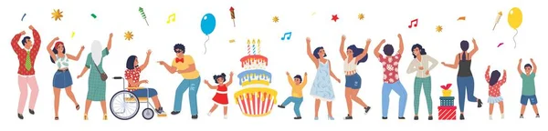 Dansande människor firar födelsedagsfest och ha kul, platt vektor isolerad illustration. — Stock vektor