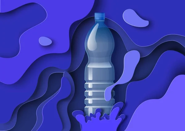 Czysty wzór plakatu z wodą pitną. Realistyczne plastikowe butelki, papier cięte plamy cieczy, ilustracja wektor. — Wektor stockowy