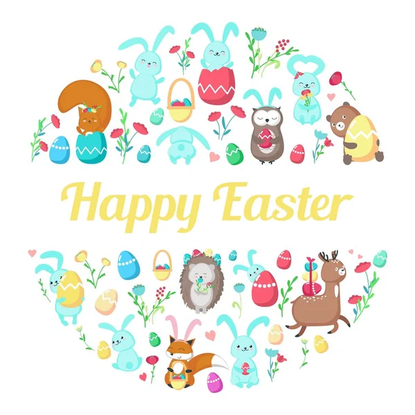 Happy Easter greeting card template with cute animals, Easter eggs, spring flowers, hearts, flat vector illustration. - Stok Vektor