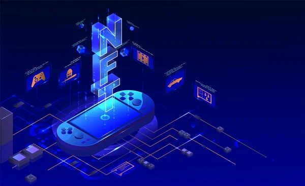 NFT mobil video oyunları, neon ışıklı vektör izometrik illüstrasyon. Finansal olmayan jeton, NFT engelleme teknolojisi.