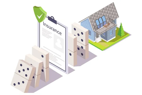 Hemförsäkring stoppa dominoeffekt, vektor isometrisk illustration. Fastigheter, fastighetsförsäkring. — Stock vektor