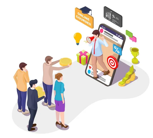 Μαθήματα πωλήσεων κοινωνικού δικτύου, διανυσματική ισομετρική απεικόνιση. SIM εκπαίδευση μάρκετινγκ στα μέσα κοινωνικής δικτύωσης, online κατάρτιση. — Διανυσματικό Αρχείο