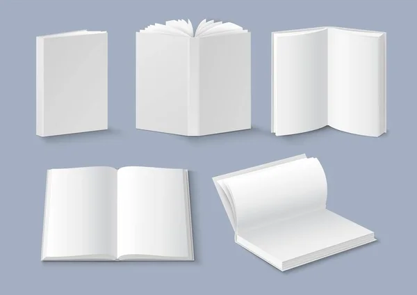 Livro conjunto mockup, ilustração vetorial. Folheto branco em branco, brochura, capa de revista. Capa dura, modelos de livros softcover —  Vetores de Stock