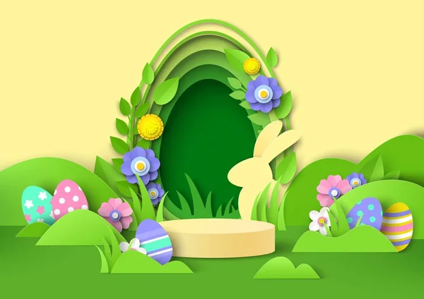 Produk Paskah menampilkan mockup podium, potongan kertas kelinci, telur, latar belakang liburan musim semi, ilustrasi vektor. - Stok Vektor
