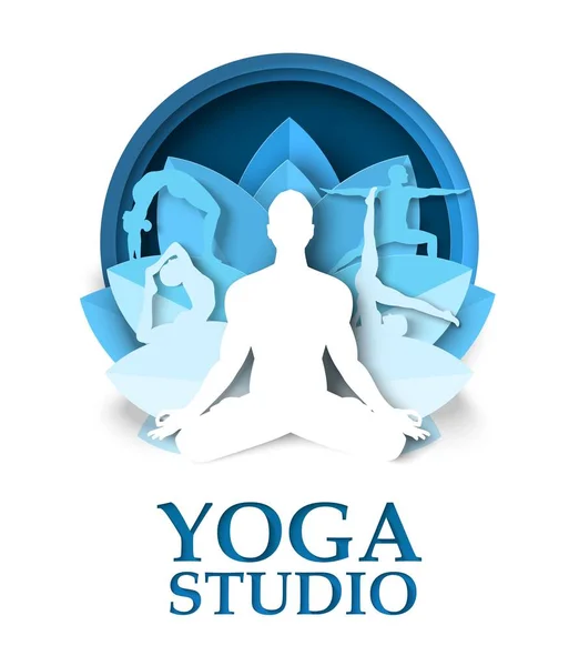 Poster dello studio di yoga, modello di design volantino, illustrazione tagliata carta vettoriale. Posate yoga, lezioni. — Vettoriale Stock