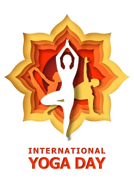 Modello di poster della Giornata Internazionale dello Yoga. Illustrazione vettoriale in stile cartaceo. Stile di vita sano. — Vettoriale Stock