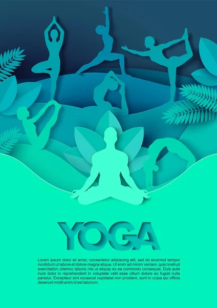 Las personas siluetas haciendo posturas de yoga, ilustración de corte de papel vectorial. Clase de yoga, plantilla de póster de estudio. — Vector de stock