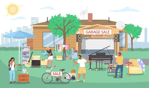 Garage sale of used home furniture, clothes, piano, guitar, books, dishes, sport items. Yard sale, flea market, vector. — Stock Vector