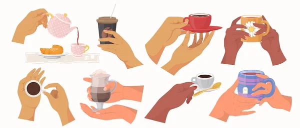 Mulheres mãos segurando xícaras de chá e canecas de café, ilustração vetor isolado. Bebidas quentes para aquecer. —  Vetores de Stock